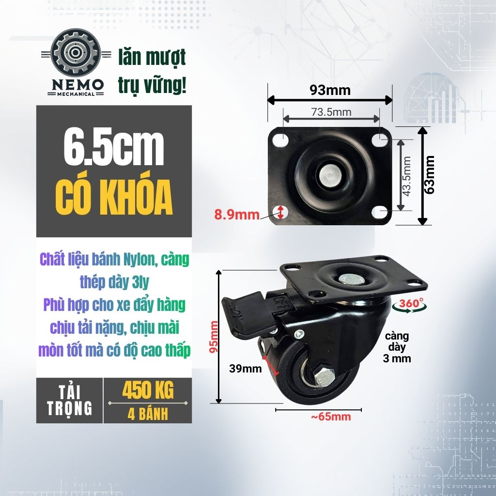 Bánh Xe Nylon Lùn Tải Nặng – Trọng Tâm Thấp, Càng Thép Dày 3mm (D50, D65, D75)